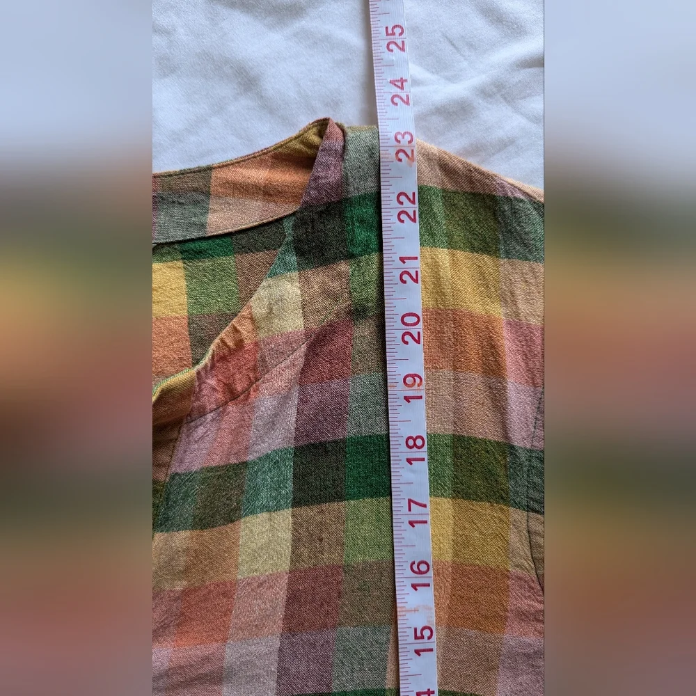 L.L. Bean Signature Medium Linen Blend Splitneck Shirt, "Beeswax" Plaid - Picture 9 of 12